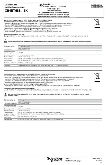 schneider施耐德XB4BT_BS…EX Emergency stop ATEX_ 说明书